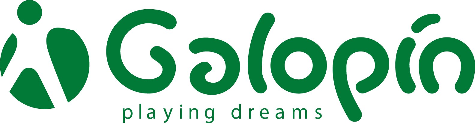 Vihreä ”Galopín”-logo tyylitellyllä lehtikuvakkeella ja iskulauseella ”leikkii unia”