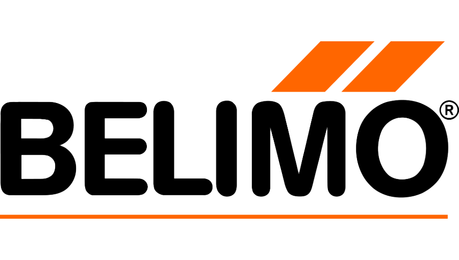 Logotipo da Belimo: texto preto com formas inclinadas em laranja acima.