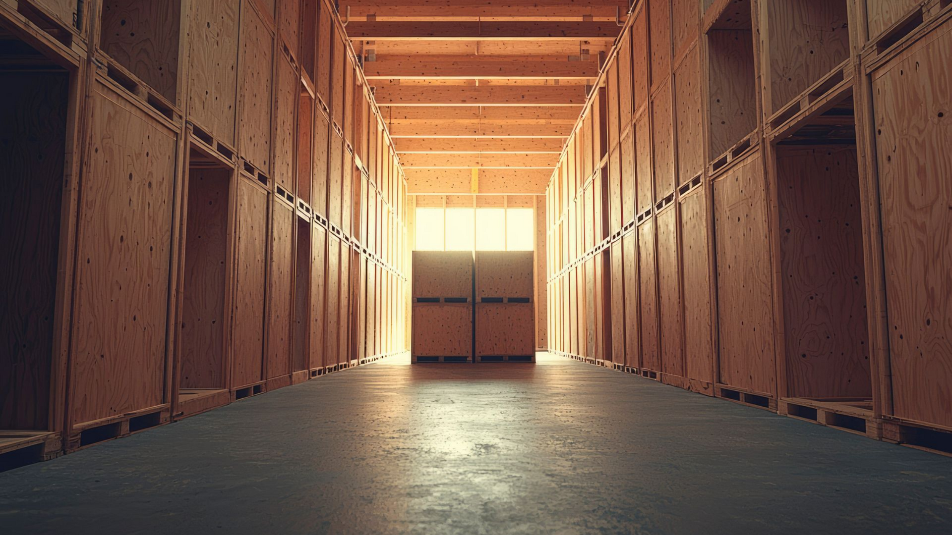 Long couloir bordé d'unités de rangement en bois.