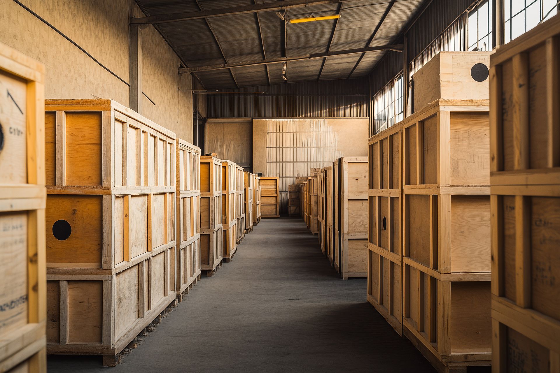 Des caisses en bois bordent une allée d'entrepôt.