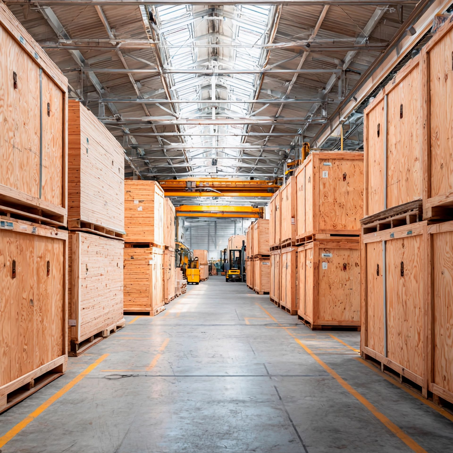 Entrepôt avec des caisses en bois empilées en rangées, des chariots élévateurs jaunes visibles.