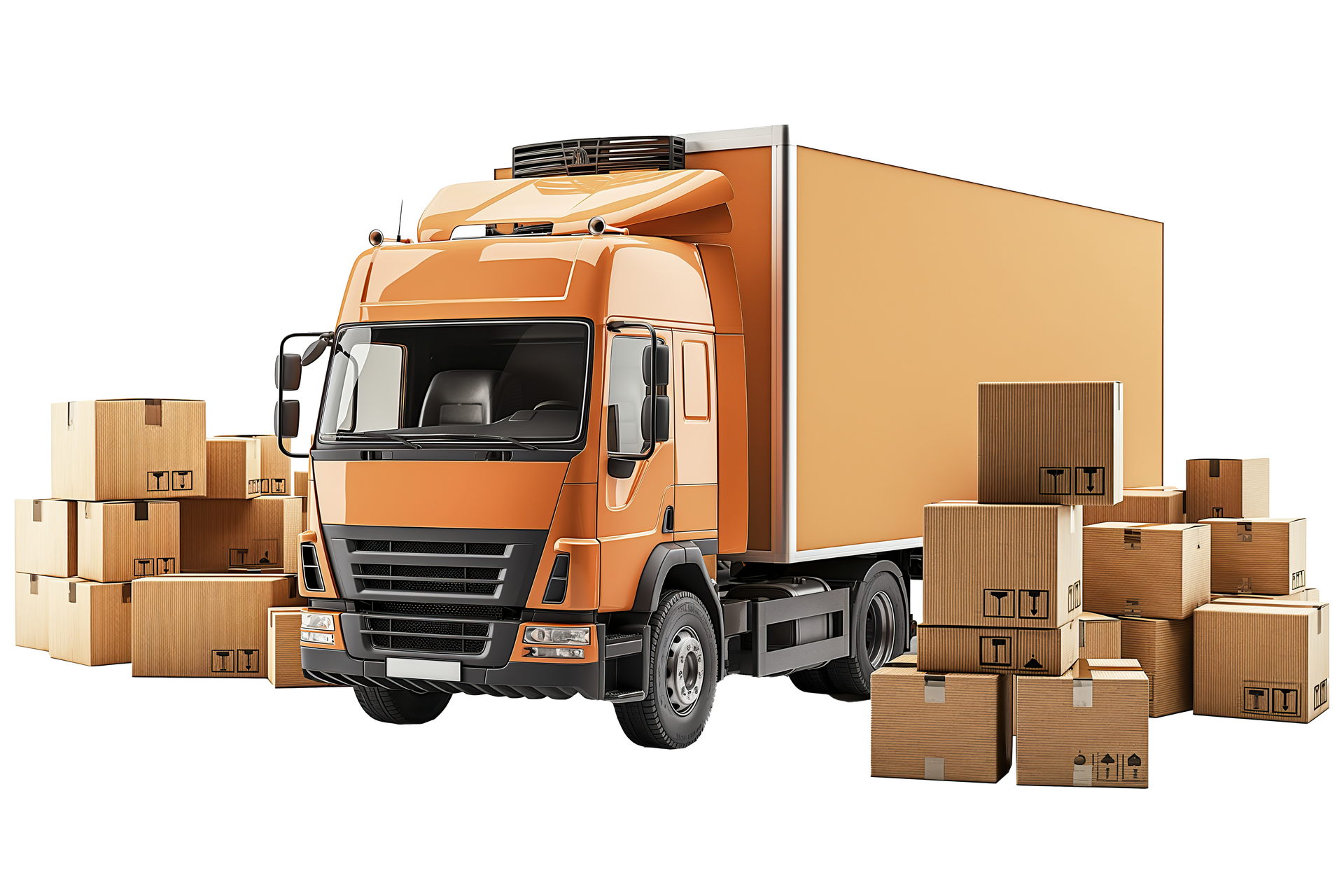 Un camion avec plusieurs cartons autour