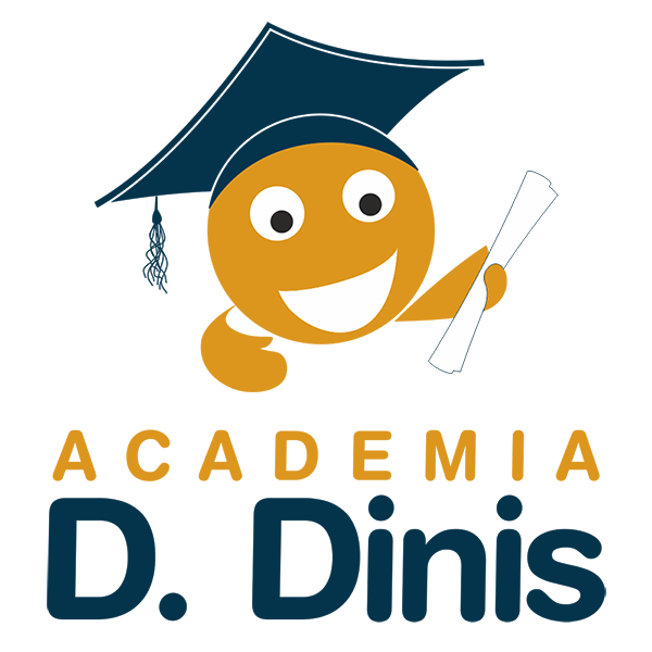 Orange smiley face with graduation cap, "D. Dinis Academia Escolar" logo.