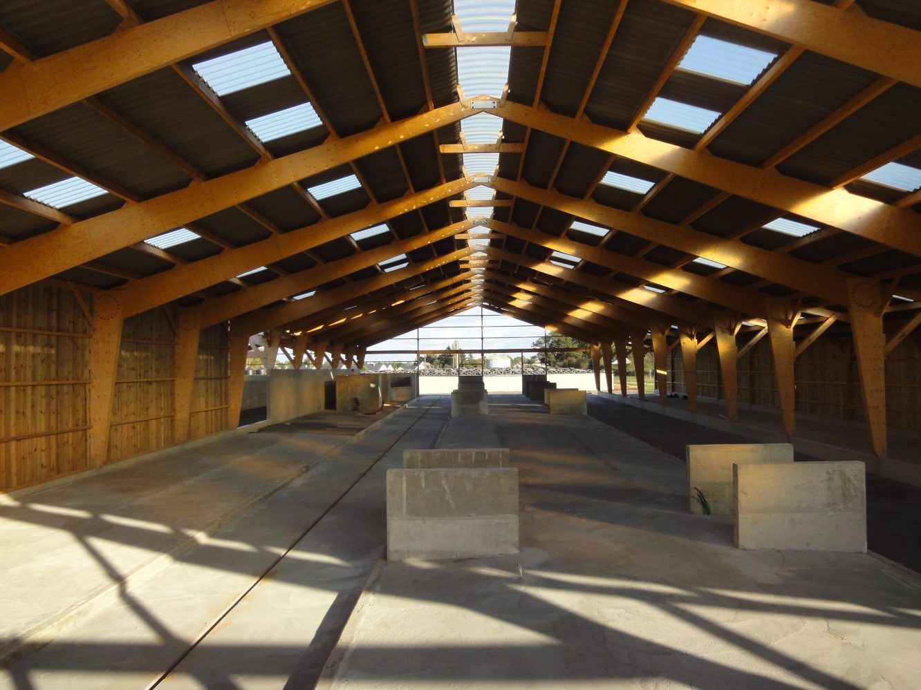 Structure ouverte à ossature bois, puits de lumière, sol en béton, stands vides.