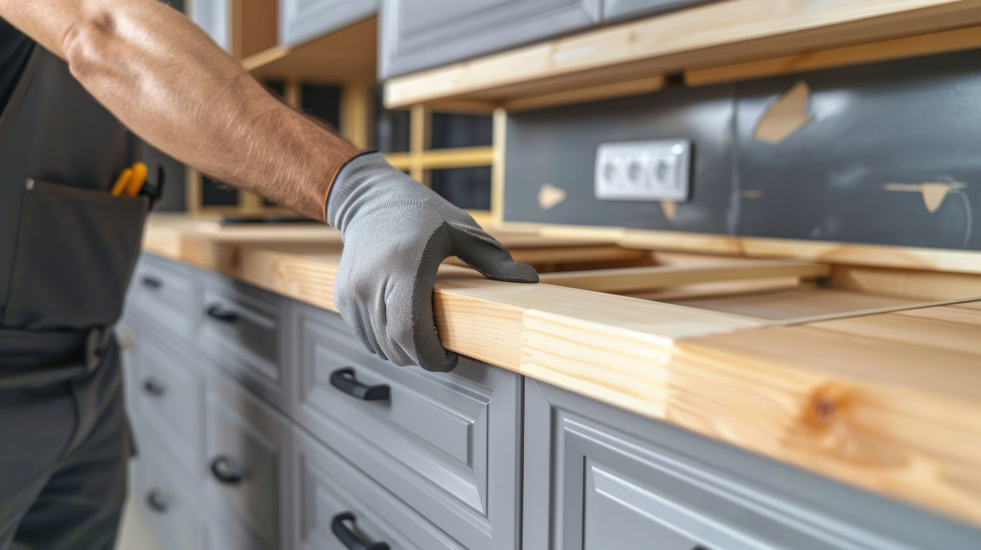 Pose d'un plan de travail par un artisan