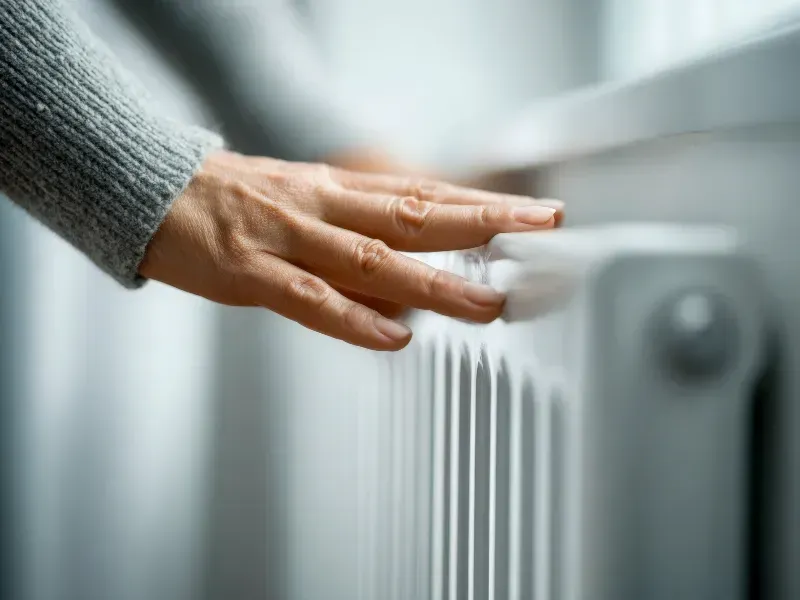 Mano sobre un radiador blanco; sintiendo el calor cerca de una ventana.