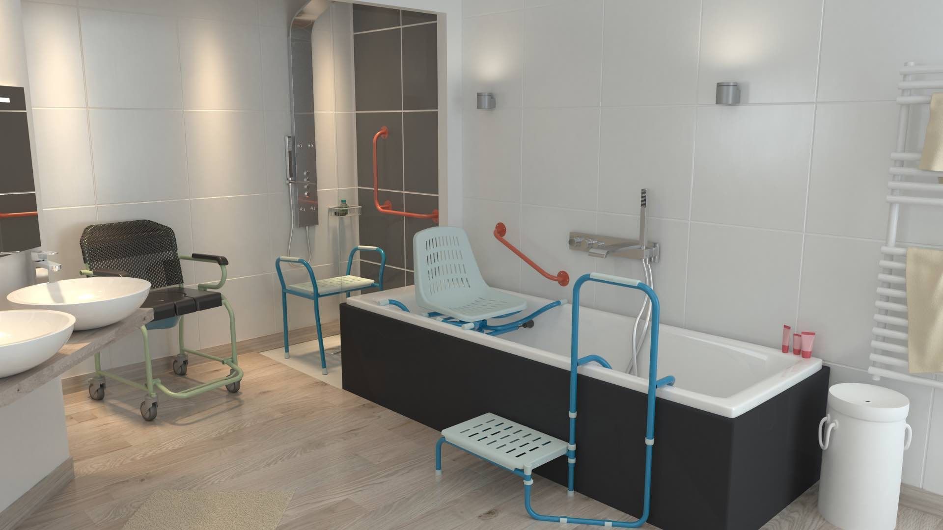 Salle de bains accessible, comprenant une baignoire avec siège élévateur et barres d'appui, un lavabo et d'autres équipements d'accessibilité.