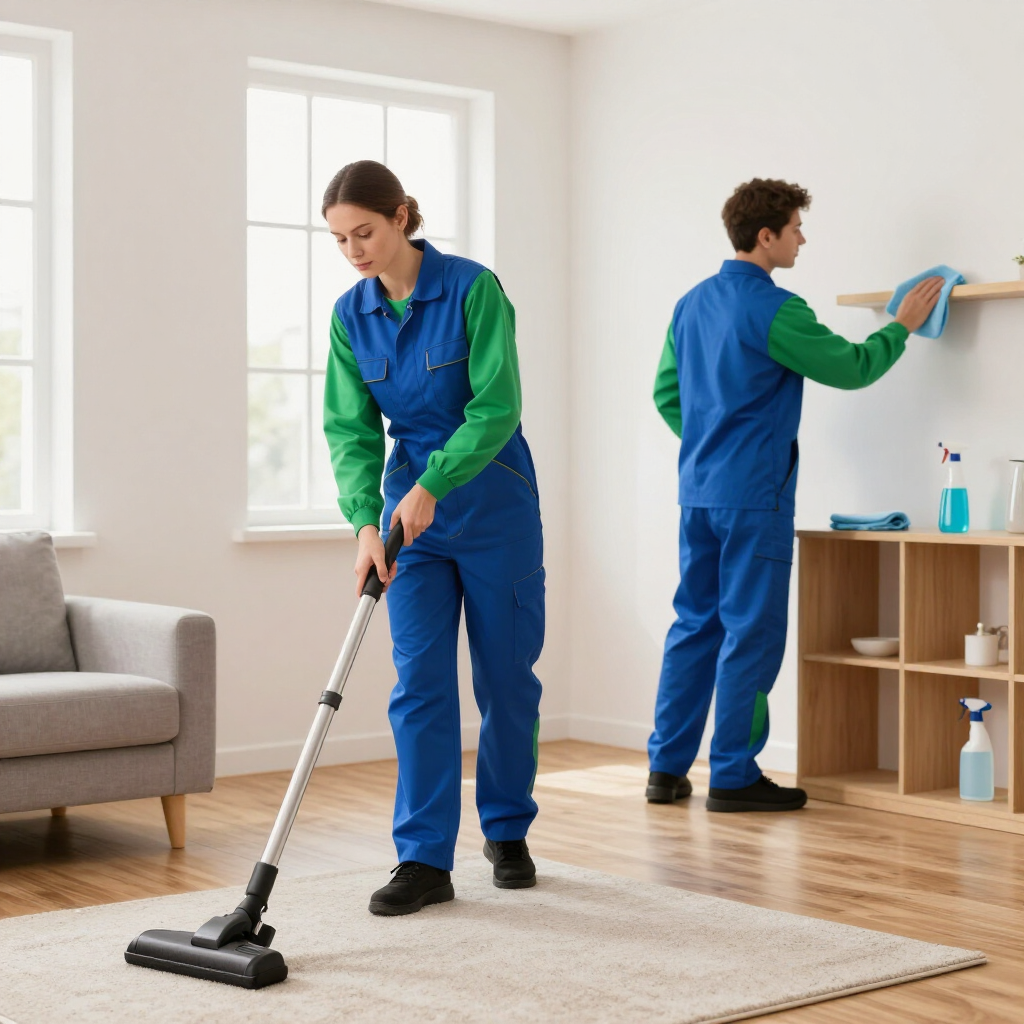 Dos limpiadoras con monos azules aspiran y limpian una luminosa sala de estar y una estantería de pared.