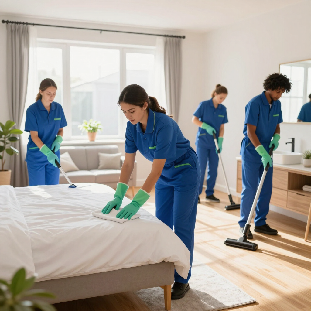 El personal de limpieza, con uniformes azules, hace la cama y aspira una habitación luminosa.