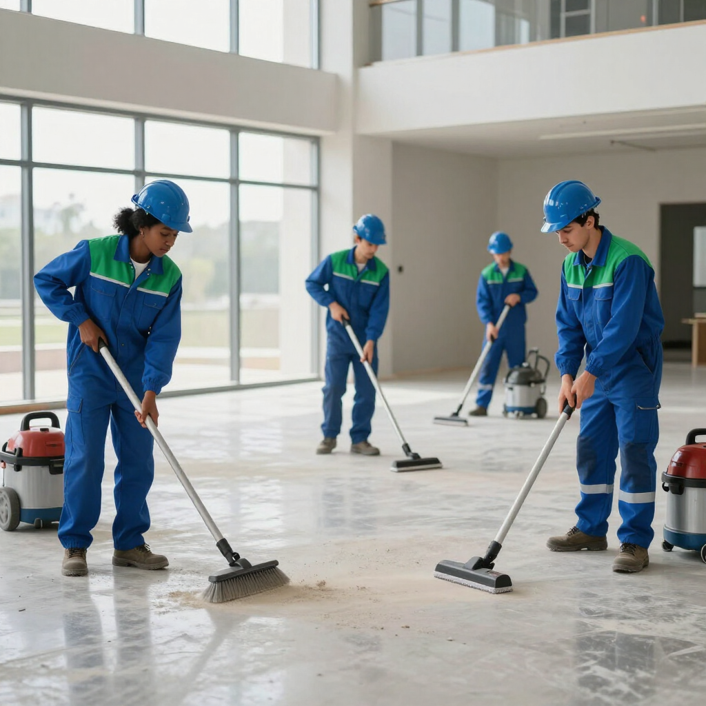 Trabajadores con uniformes azules y cascos limpian un piso interior brillante con fregonas y máquinas fregadoras.