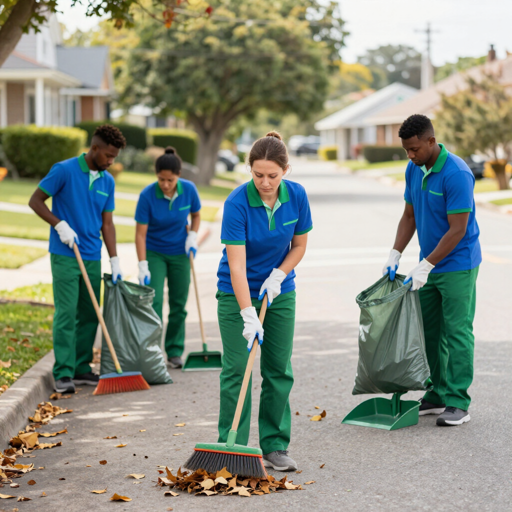 Cuatro voluntarios con uniformes azules y verdes rastrillan hojas a lo largo de una calle suburbana.