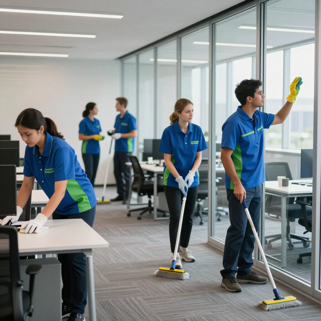 Equipo de limpieza de oficinas fregando y limpiando escritorios en un espacio de trabajo luminoso con paredes de cristal.