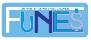 A blue and white logo for funes obras & construcciones
