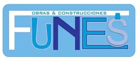 A blue and white logo for funes obras & construcciones