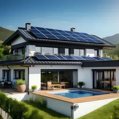 Una casa con piscina y paneles solares en el techo.