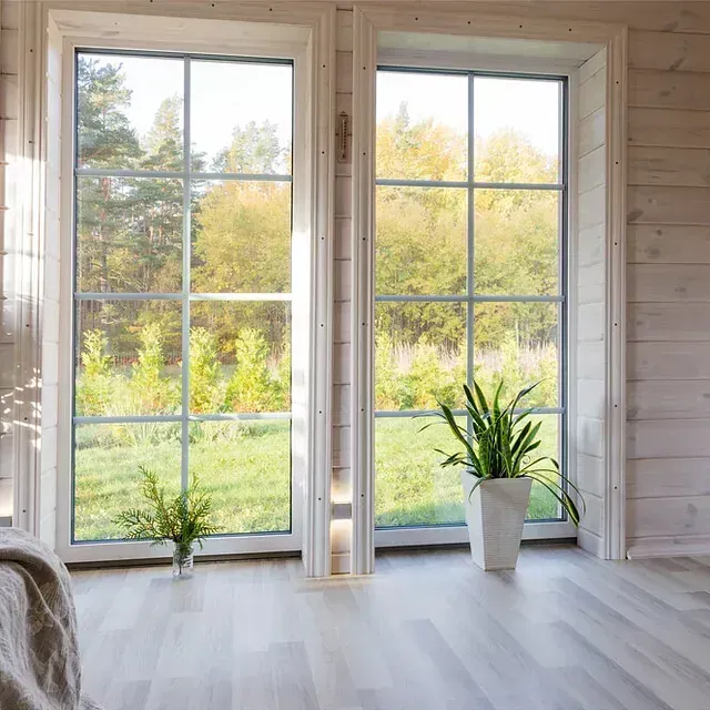 Una habitación con dos ventanas y una planta en maceta delante de ellas.