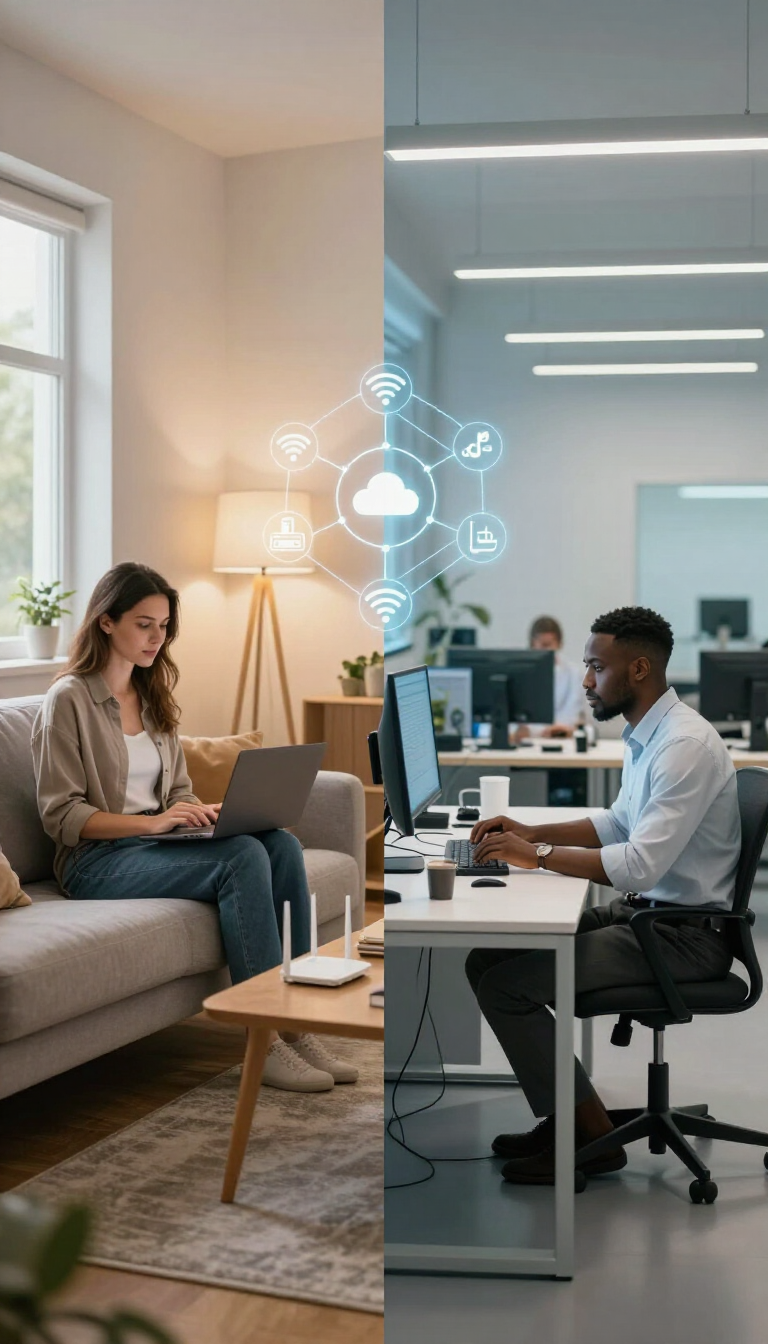 Dos compañeros de trabajo reunidos en una oficina moderna, con ordenadores portátiles y una brillante interfaz digital entre ellos.