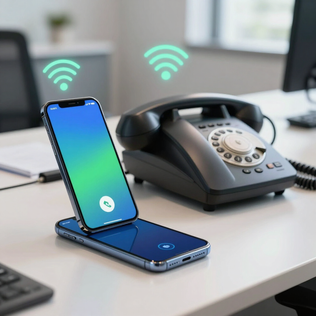 Smartphones y teléfonos de escritorio con iconos de señal inalámbrica en un entorno de oficina moderno.
