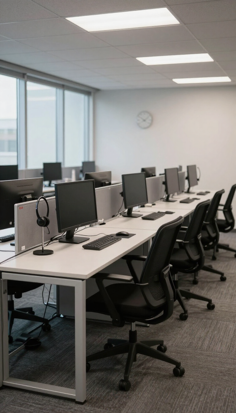 Oficina moderna con escritorios largos, monitores de computadora y sillas negras con ruedas cerca de grandes ventanales.
