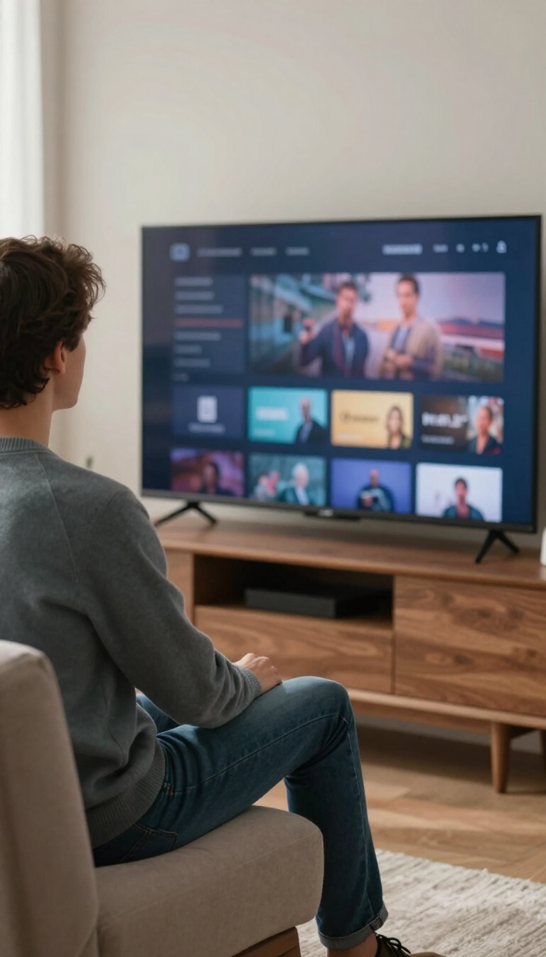 Una persona sentada en un sofá viendo la televisión con iconos de una aplicación de streaming en una acogedora sala de estar.