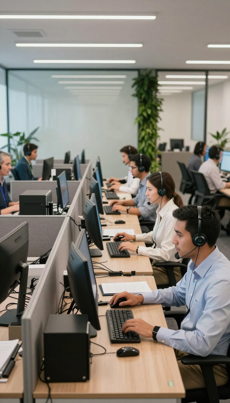 Empleados trabajando en ordenadores de sobremesa en una moderna oficina diáfana.