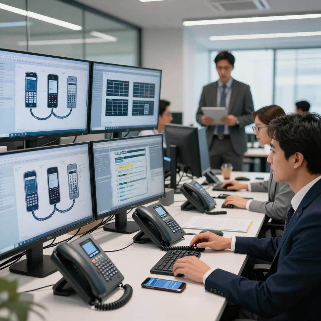 Empleados de oficina revisan los monitores del centro de llamadas con diagramas del sistema telefónico y teléfonos de escritorio sobre una mesa de conferencias.