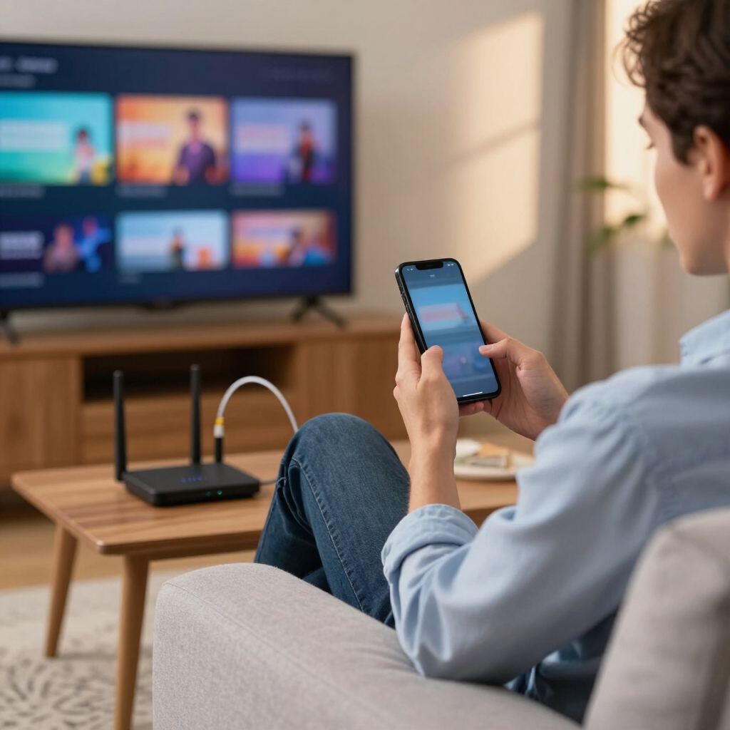 Una persona está sentada en un sofá usando un teléfono inteligente, con el menú de una plataforma de streaming de televisión de fondo.
