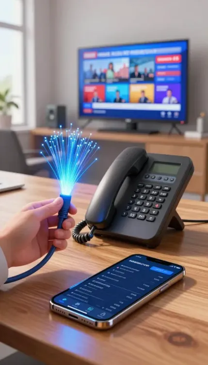 Una mano sostiene hebras de fibra óptica brillantes junto a un teléfono fijo y un teléfono inteligente en una oficina con una pantalla de televisión.