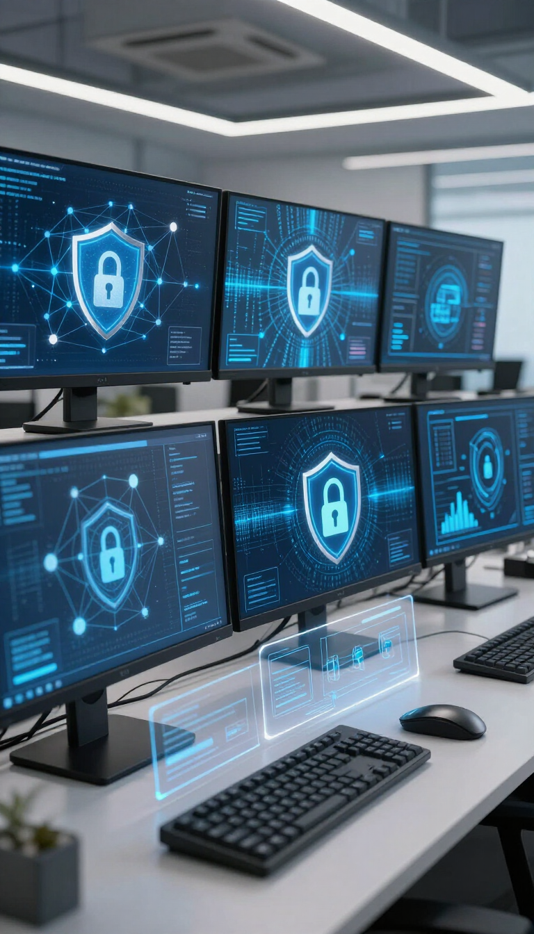 Sala de monitorización de ciberseguridad con seis pantallas de color azul que muestran iconos de candado encima de un escritorio y un teclado.