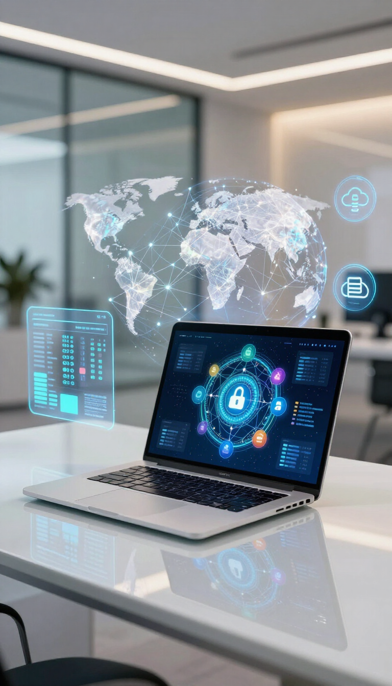 Oficina futurista con un ordenador portátil que muestra gráficos de ciberseguridad e interfaces de mapas digitales flotantes del mundo.