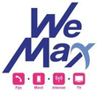 Logotipo de We Max en azul y rosa con iconos de tel&eacute;fono, m&oacute;vil, internet y televisi&oacute;n.
