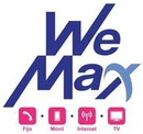 Logotipo de We Max en azul y rosa con iconos de teléfono, móvil, internet y televisión.