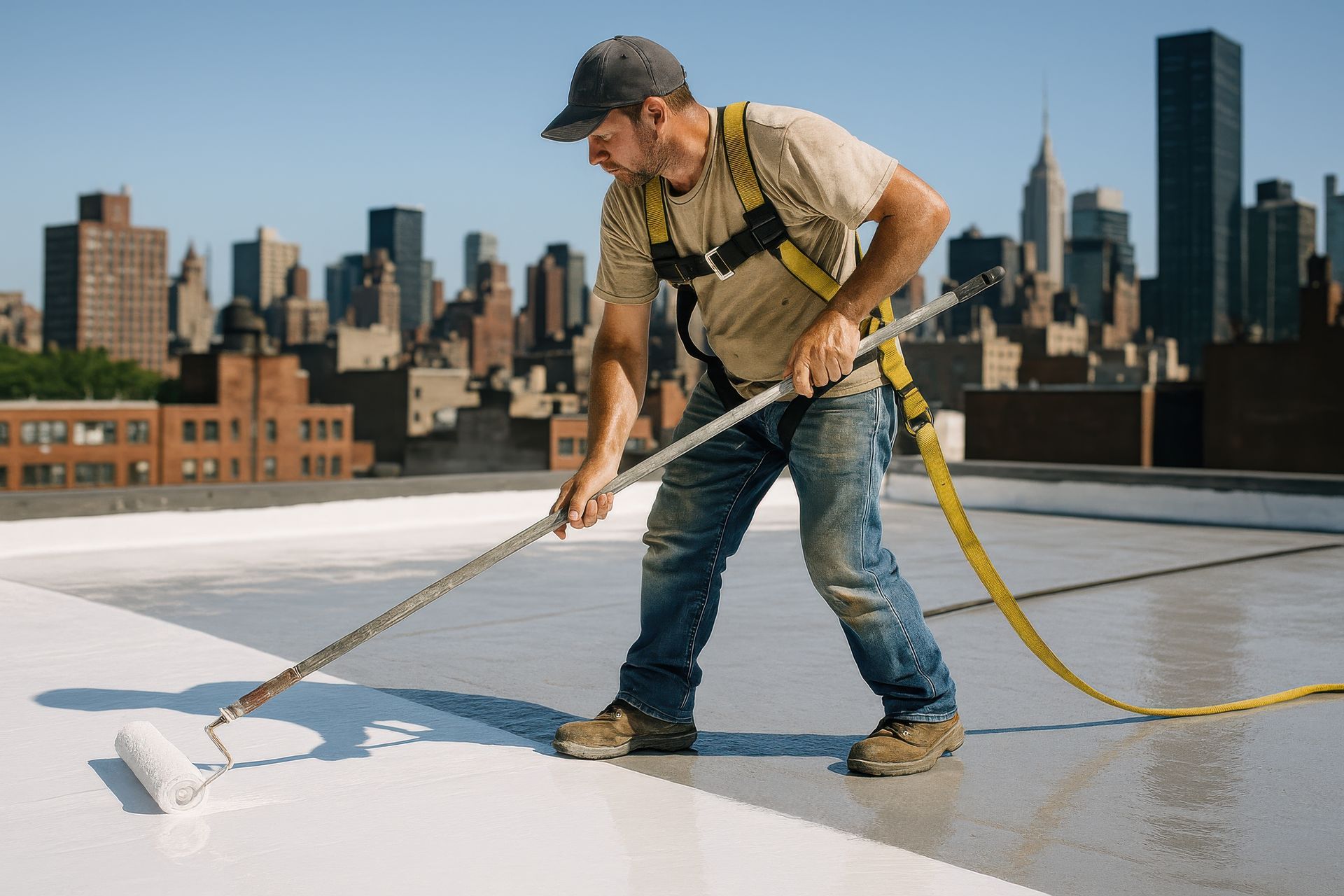 Ouvrier qui applique la technologie Cool Roofing sur un toit