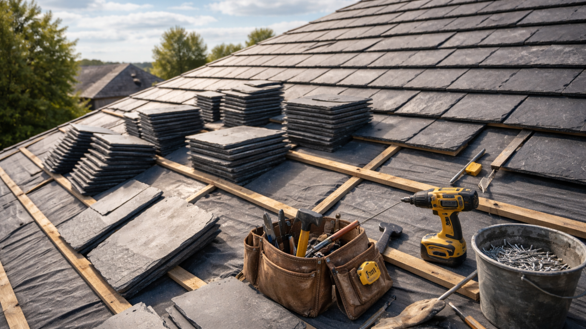 La toiture est en cours de réparation avec des ardoises et des outils.