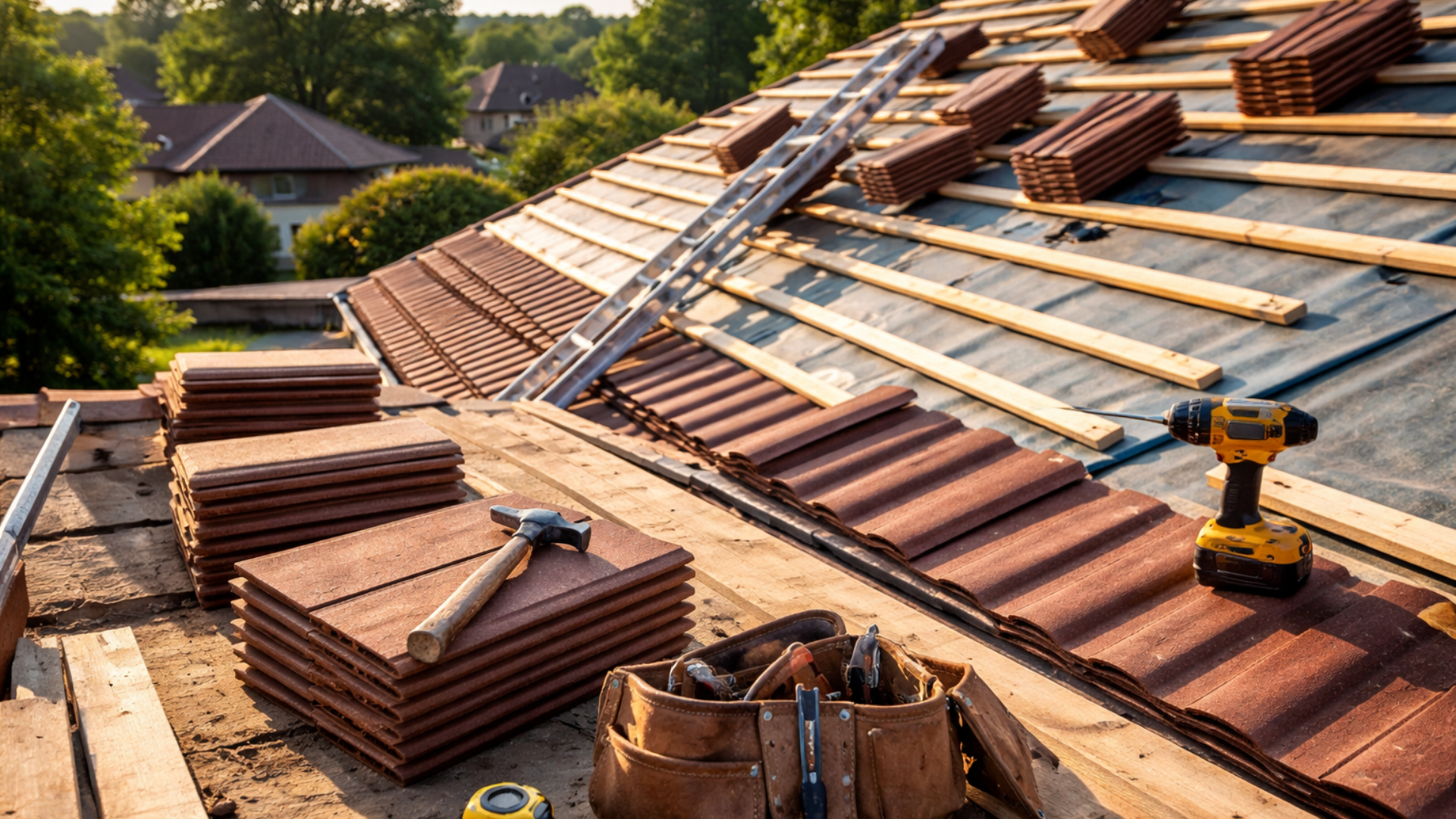 Toiture en construction avec des tuiles rouges et des outils.