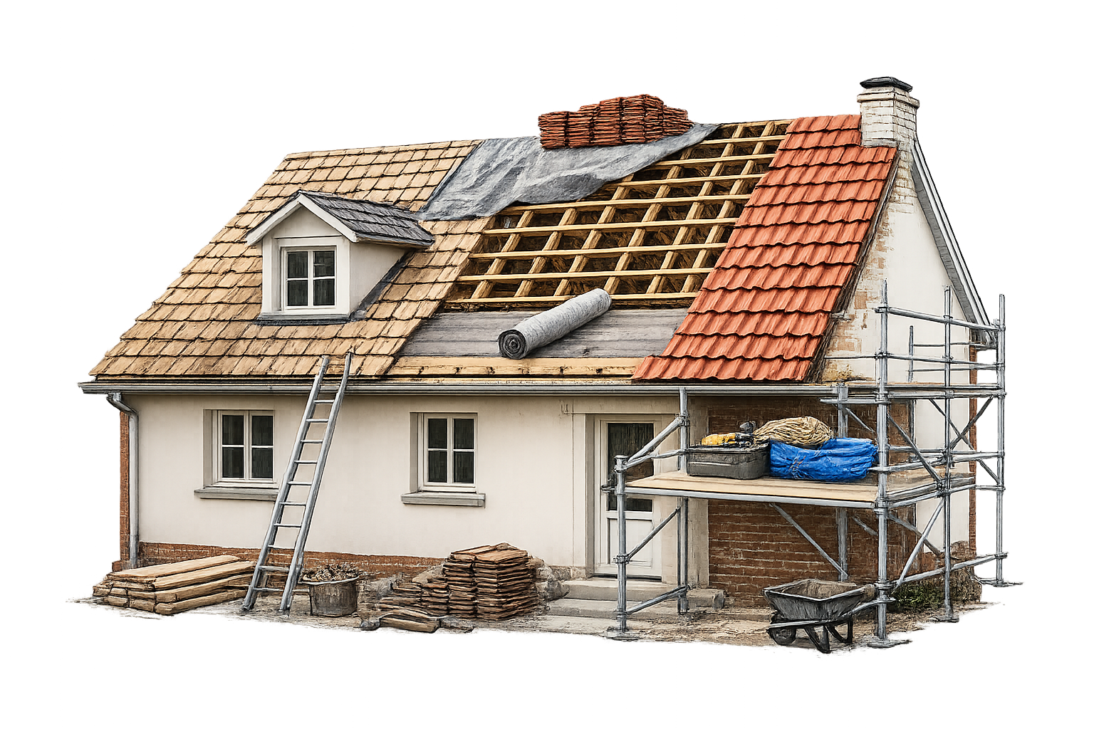 Maison en construction ; toiture partiellement apparente, échafaudages, échelle, briques et matériaux.