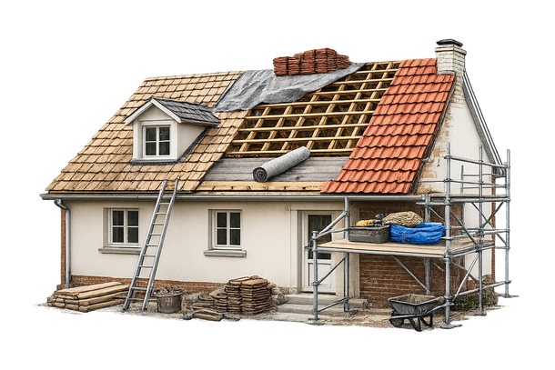 Maison en construction ; toiture partiellement apparente, échafaudages, échelle, briques et matériaux.