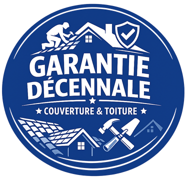Logo circulaire bleu : texte blanc « GARANTIE DÉCENNALE », illustrations de toit, outils et un bouclier.