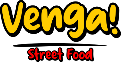 Logotipo de Venga! Street Food: texto amarillo con contorno negro sobre la inscripci&oacute;n "Street Food" en rojo.