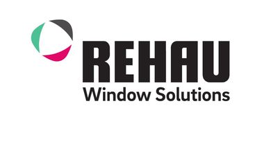 Logotipo de REHAU Window Solutions en negro con icono circular en verde azulado, rosa y gris.