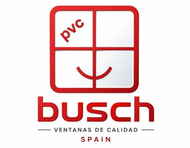 Logotipo de Busch con icono de ventana roja, etiqueta de PVC y texto “Ventanas de calidad” España