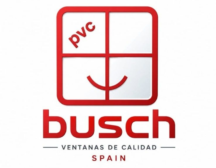Logotipo de Busch con icono de ventana roja, etiqueta de PVC y texto &ldquo;Ventanas de calidad&rdquo; Espa&ntilde;a