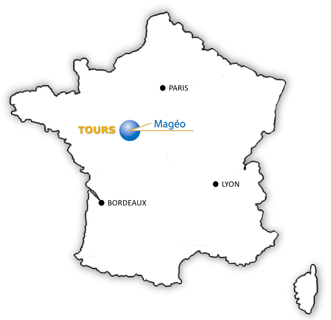 Carte de la France avec la position du laboratoire Magéo et son logo