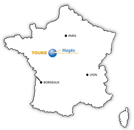 Carte de la France avec la position du laboratoire Magéo et son logo