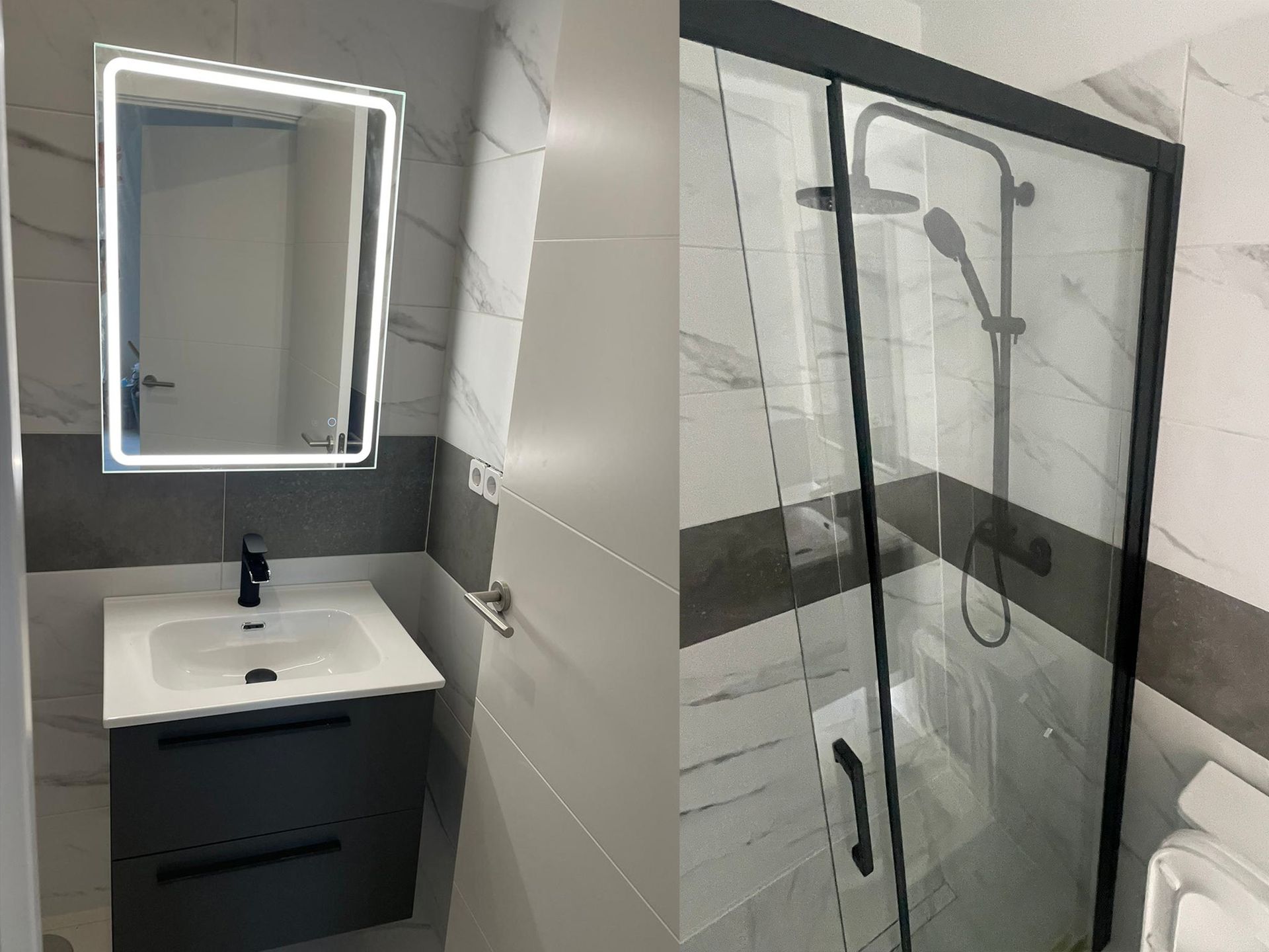 Un baño con lavabo, espejo y ducha.