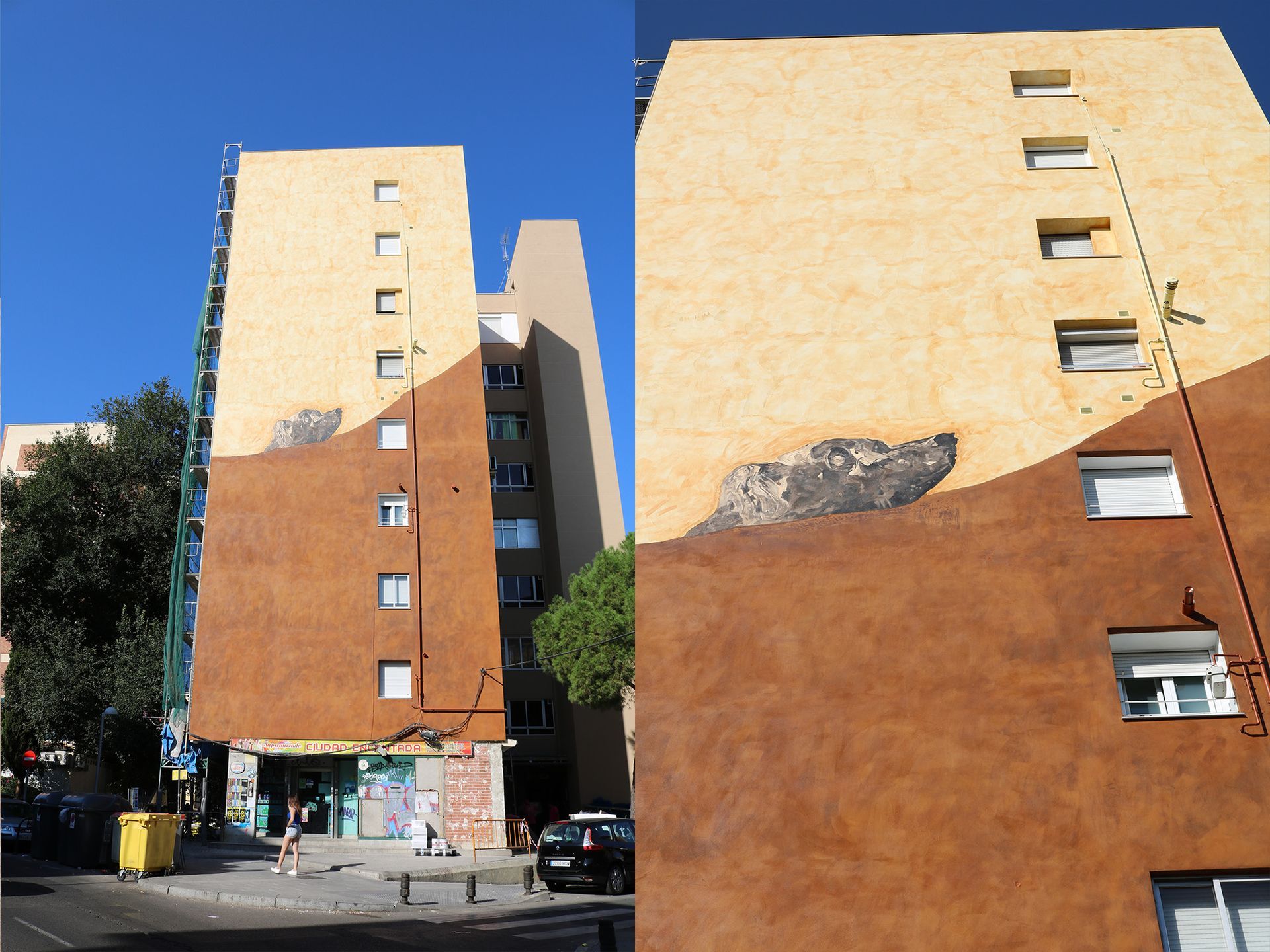 Dos imágenes de un edificio con un dibujo en el costado.