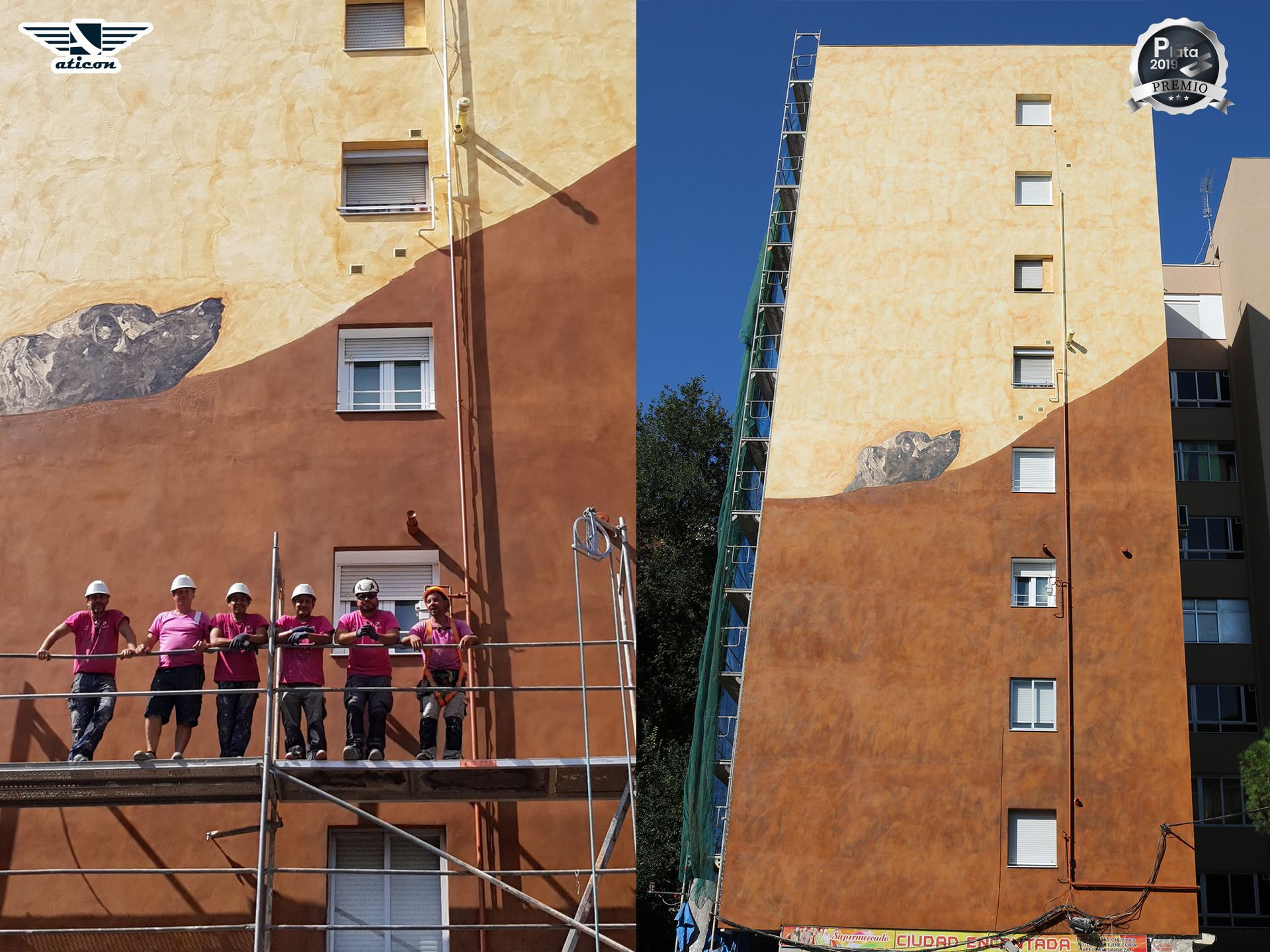 Un grupo de hombres de pie en un andamio frente a un edificio.