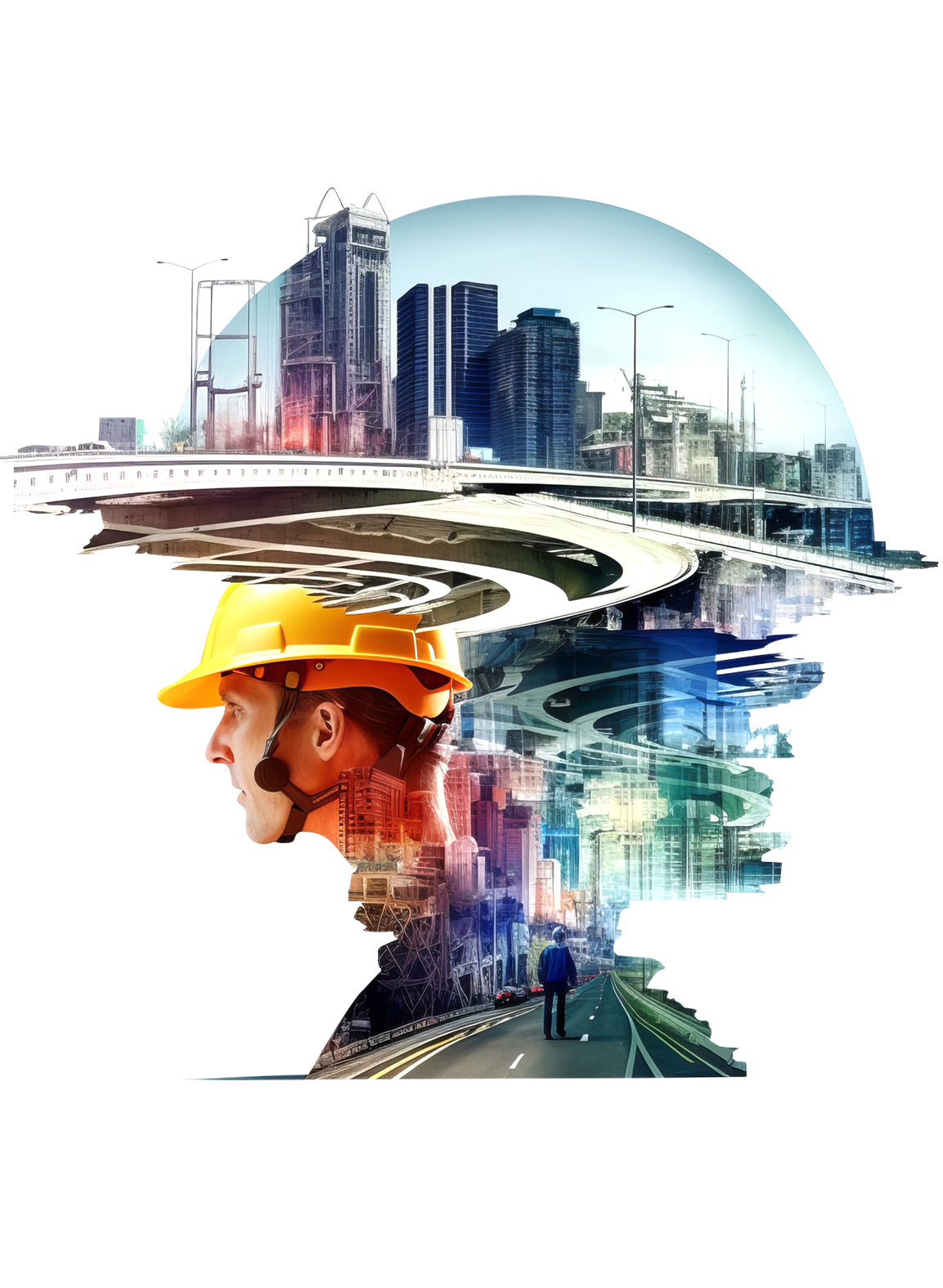 Una doble exposición de un hombre que lleva un casco y una ciudad.