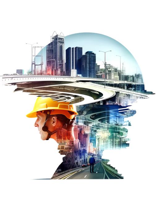 Una doble exposición de un hombre que lleva un casco y una ciudad.