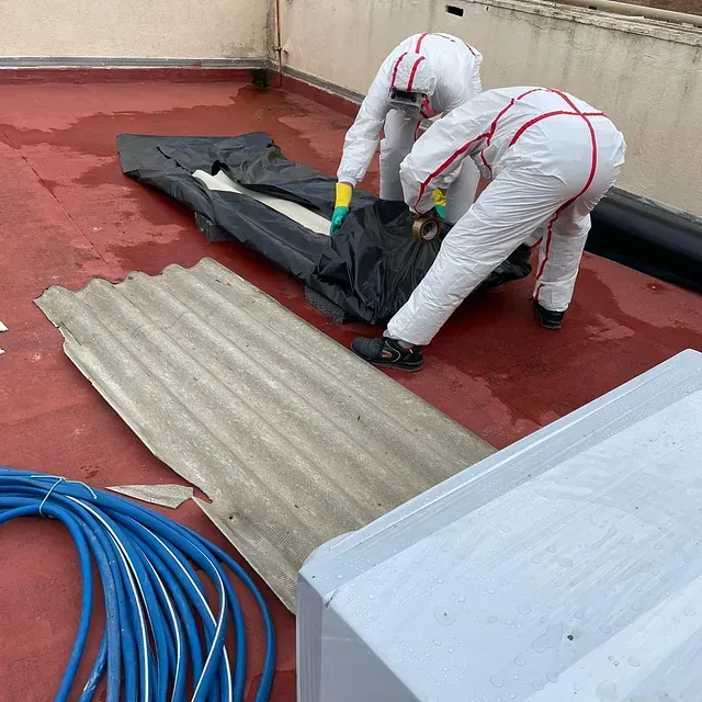 Dos hombres con trajes de protección están trabajando en un tejado.